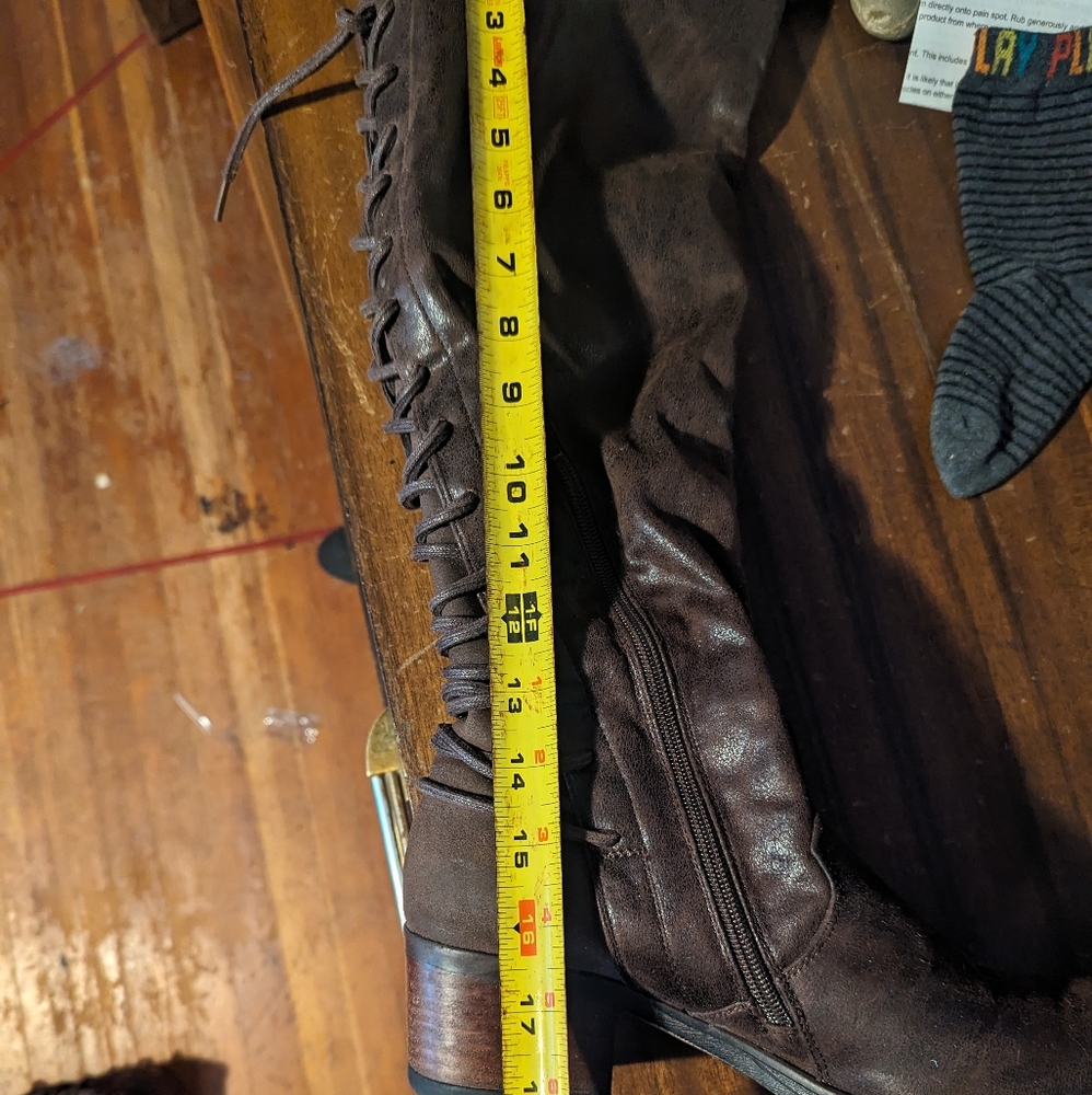 Brown faux leather knee high boots